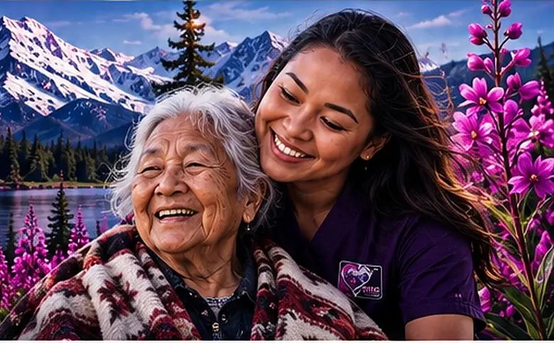 A smiling TLC caregiver hugging an elderly Alaska Native woman in front of mountains and fireweed