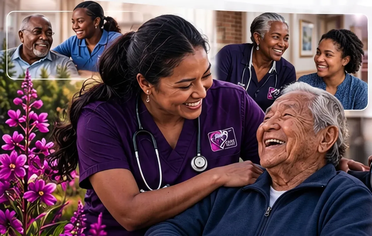 TLC caregivers in purple scrubs laughing with an elderly client and family members